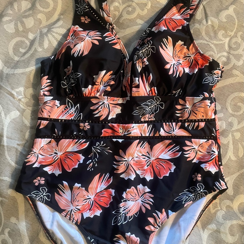 Black and Pink Floral One Piece Swimsuit with V-Neck